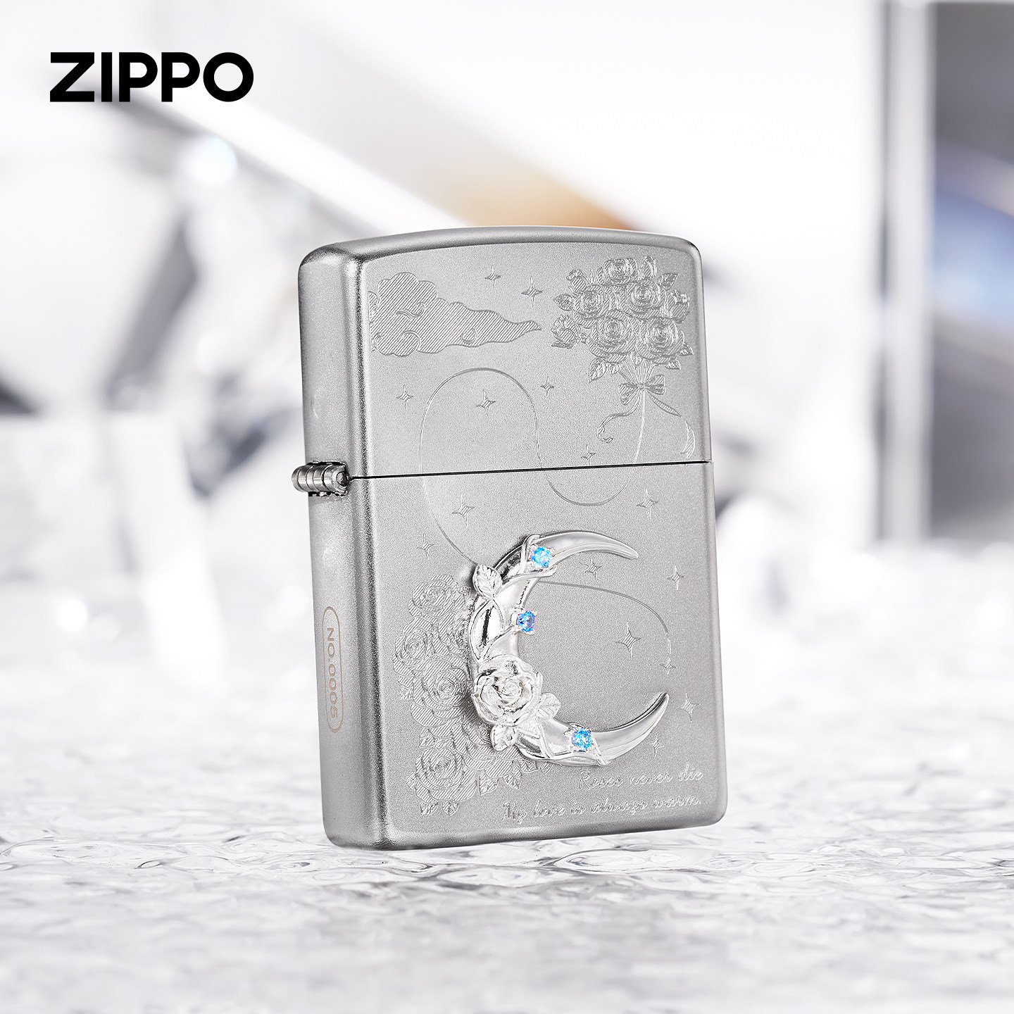 zippo打火机原装正品月牙玫瑰镀银贴章镶嵌煤油防风男女送礼物版