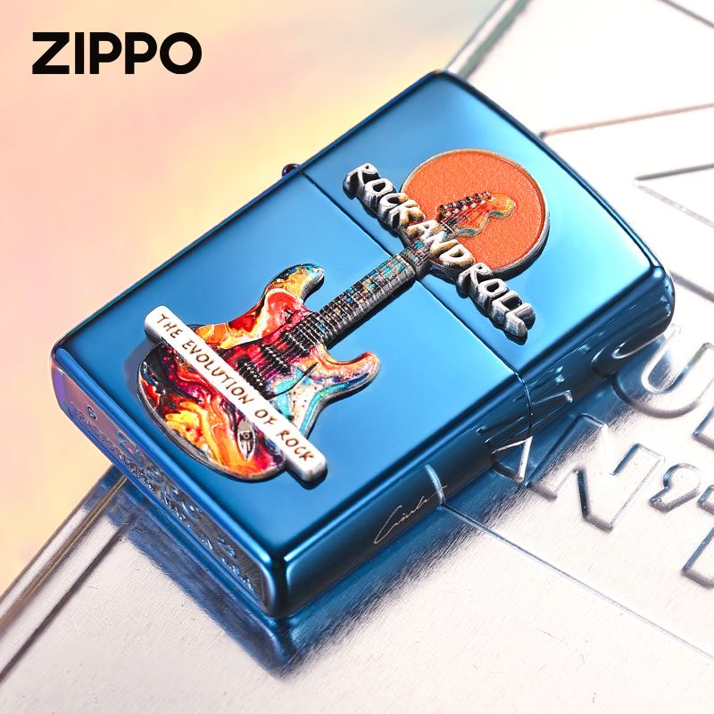 zippo打火机摇滚吉他立体浮雕贴章蓝冰原装正品煤油防风男士礼物