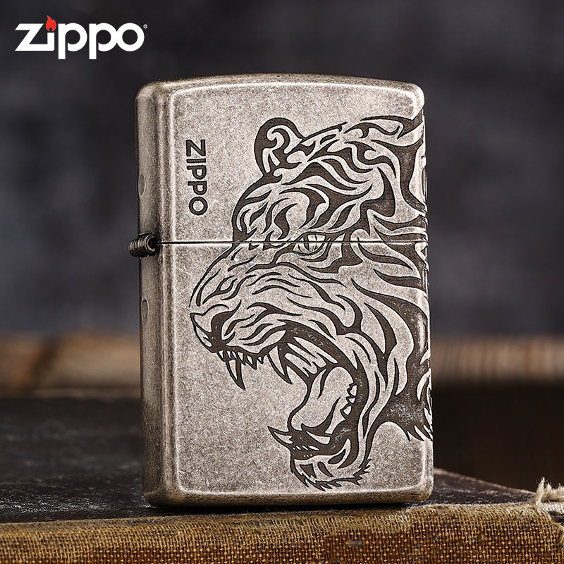 zippo打火机霸气虎头古银蚀刻美国原装正版个性定制男士礼物生肖