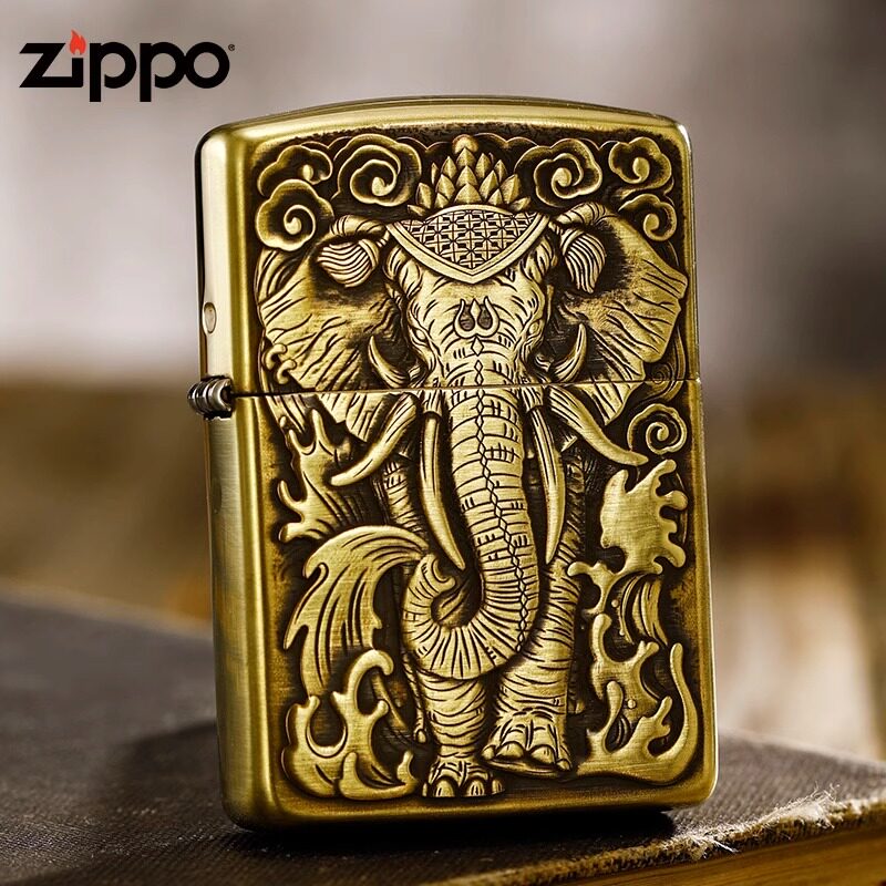 zippo打火机原装正品黄铜盔甲双面浮雕鬼王六牙象王煤油防风送男