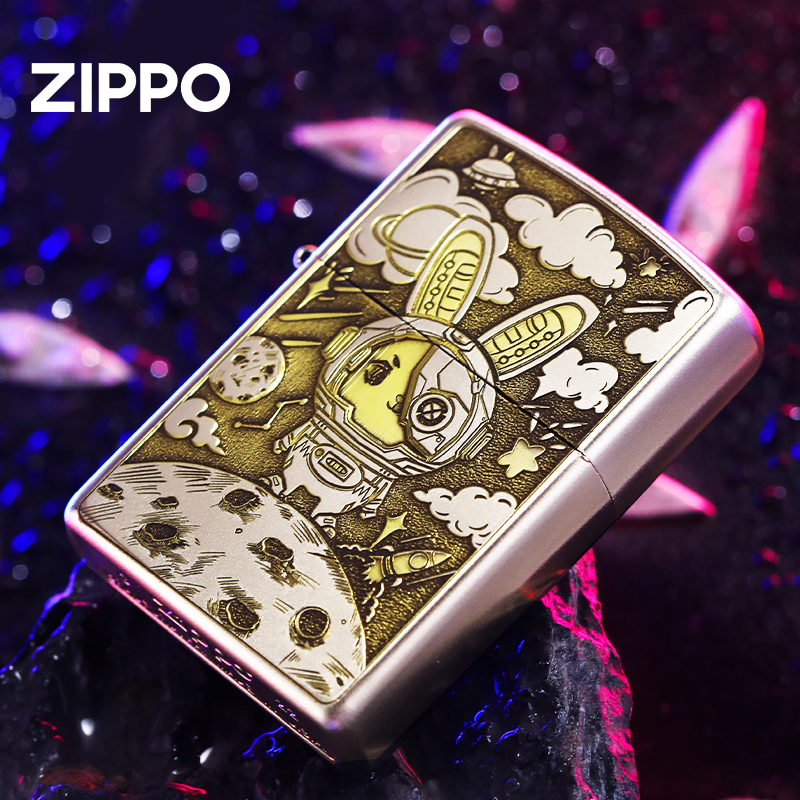 芝宝zippo打火机正品磨砂镀铬双面太空兔 深雕 煤油送男友节日礼