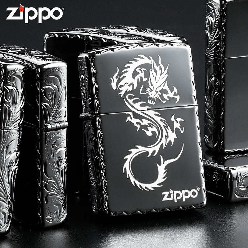 zippo打火机原装正品黑冰咬边唐草侧雕手雕龙行天下煤油男士送礼