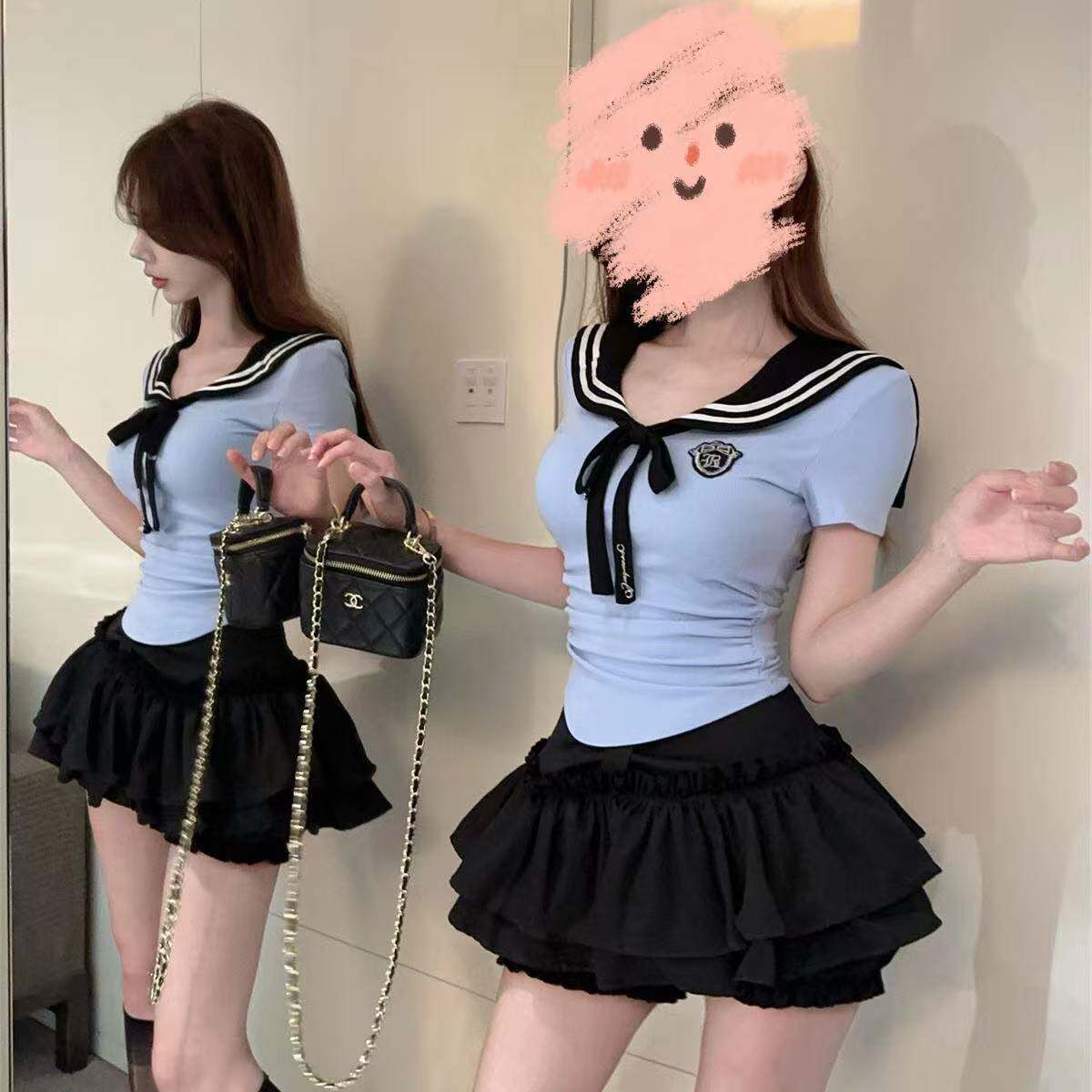 俏朵甜辣JK制服套装减龄海军领拼接蓝色上衣蛋糕短裙学院风两件套