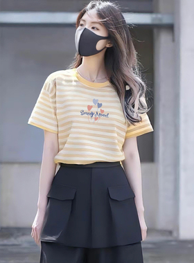 黄色多巴胺条纹半袖T恤女2025夏季韩系氛围穿搭小众甜酷打底上衣