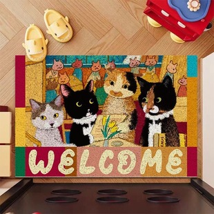 卡通复古猫咪丝圈入户地垫防滑玄关蹭土家用房间门口地毯脚垫通用