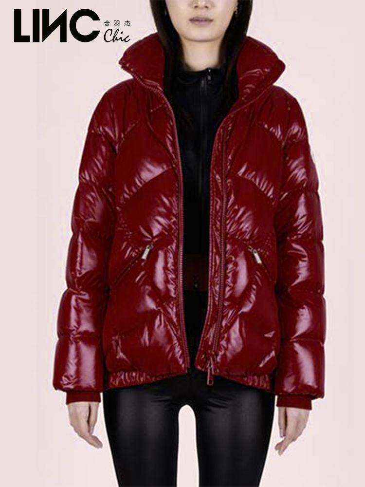 LINC金羽杰专柜冬新款立领简约大菱形格短面包羽绒服女Y22602372