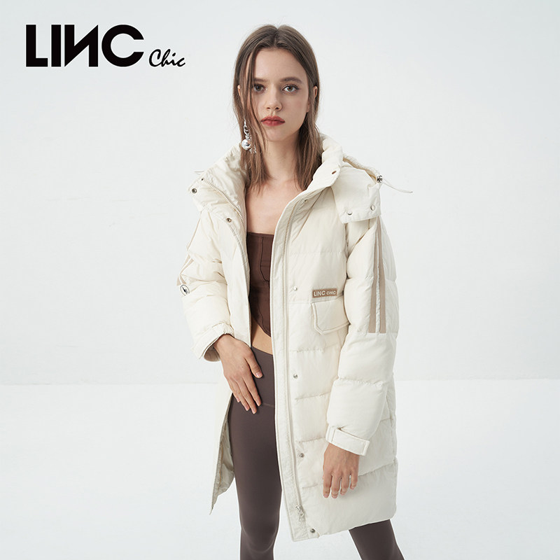 LINC金羽杰专柜冬新款复古学院动感中长款羽绒服女Y23606180