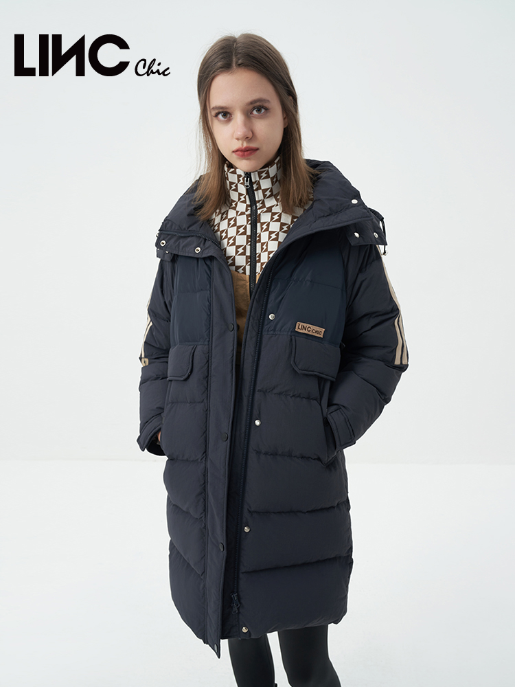 LINC金羽杰专柜秋冬新款复古学院动感中长款羽绒服女Y22606180