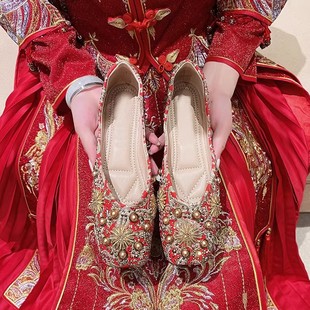 红色平底孕妇婚纱两穿绣花鞋 秀禾服婚鞋 婚礼结婚新娘鞋 女中式 大码