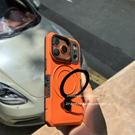 支点亮橙色17promax支架一体支撑超厚实防摔设计黑橙撞色搭配7/8P/XSMAX/12/11/13保护壳15手机壳翻转站立款