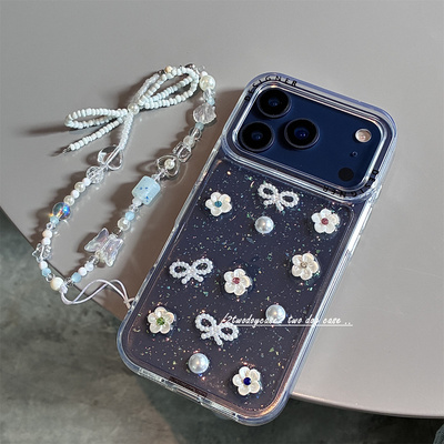 17proAir大孔镜头立体闪钻蝴蝶结花朵手机壳滴胶透明16pro/13/14PRO/15plus细碎璀璨亮片新款珍珠白秋冬搭配