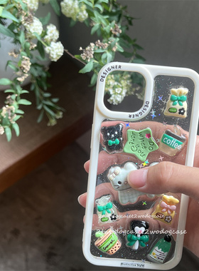 16pro夏日可爱花花立体diy滴胶可爱小猫15promax闪闪亮片透明背面手机壳12/11/13/14pro新款绿色系小清新16pl