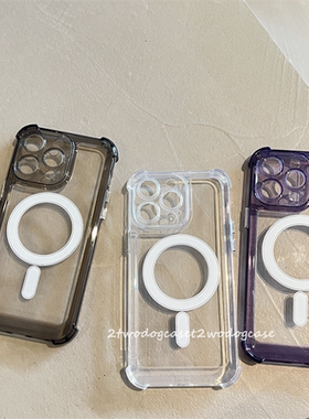 16pro15pro四角防摔凹槽亚克力magsafe磁吸手机壳适用苹果14pro黑灰透明紫色边银色按钮12/13/11情侣款手机壳