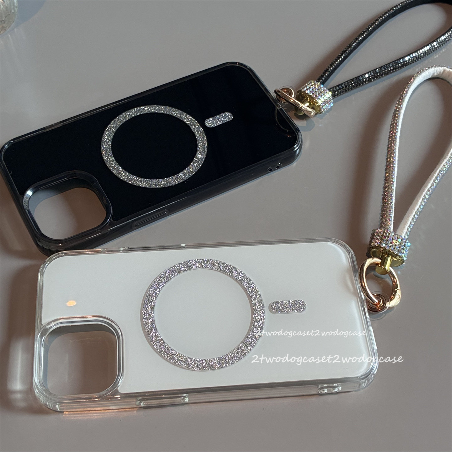 纯白酷黑闪粉圈磁吸magsafe17promax引磁表面亮晶晶奢华闪钻短绳手拎挂绳新款13/12/11/16PRO果冻钢琴色黑白,3C数码配件,手机保护套/壳,淘宝优惠券,粉丝福利购,淘宝优惠卷