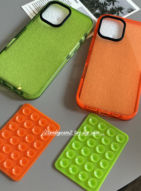 16大孔镜头亚克力新款亮橙色吸盘夏日搭配荧光绿15Promax厚实硬背闪粉边13高透新款手机壳防摔厚实欧美风17p