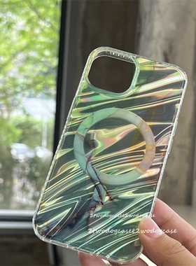 波光粼粼翡翠绿色大理石纹15promax炫彩磁吸壳绿叶夏日风12/13PRO/14保护壳光滑15plus新款magsafe壳11