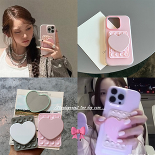 17猫儿同款李荣书粉色爱心镜子吸盘手机壳16pm15promax11/12/13PM浅粉色少女心化妆镜搭配可爱女团风15plus