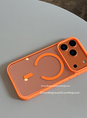 柑橘胡萝卜色17promax大孔橙色磨砂边背面高透亚克力磁吸亮色12/13/14PROXSMAX7/8P16e个性简约magsafe保护壳