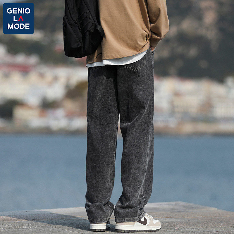 GENIOLAMODE WIDE-LEG JEANS MENS HIGH-QUALITY LOOSE STRAIGHT DRAPE SPRING AND SUMMER NEW CASUAL LONG PANTS