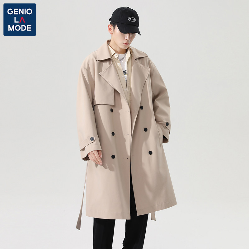 GENIOLAMODE KOREAN TREND TRENCH COAT MENS COAT: SPRING AND AUTUMN MID-LENGTH DOUBLE-BREASTED JACKET MENS CLOTHES