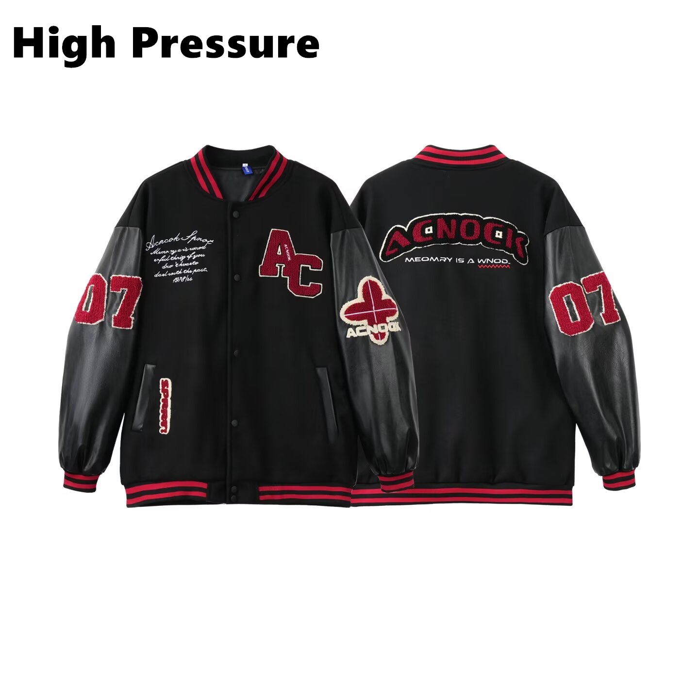 High Pressure美式复古撞色情侣棒球服夹克毛巾绣夹棉外套男