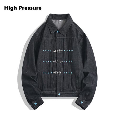High Pressure美式飞机扣工装原牛夹克男女褶皱设计感牛仔外套
