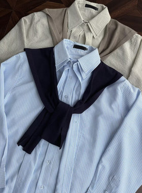 High Pressure秋季假两件学院风蓝色条纹衬衫披肩设计长袖衬衣