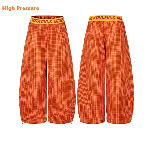 High Pressure美式复古格纹字母腰拼接格子多巴胺宽松运动阔腿裤