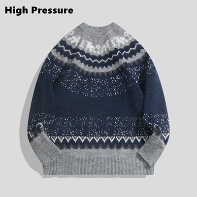 High Pressure复古费尔岛提花圆领毛衣男女情侣宽松套头针织衫