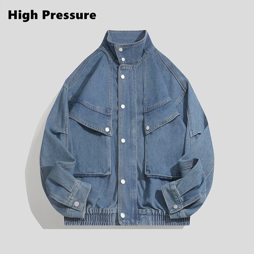 High Pressure复古大口袋金属扣设计高领牛仔外套水洗通勤夹克男