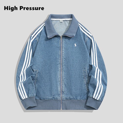 High Pressure水洗蓝色三条杠牛仔春秋美式复古条纹立领运动夹克
