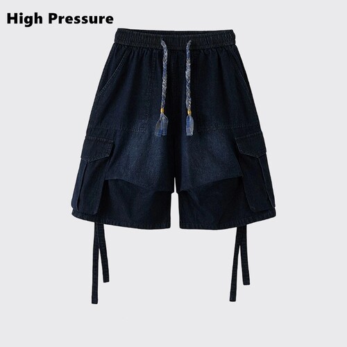 High Pressure美式褶皱工装短裤男女夏大口袋飘带直筒七分牛仔裤