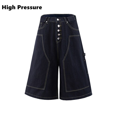 High Pressure美式多纽扣牛仔七分裤工装伐木原牛阔腿短裤男