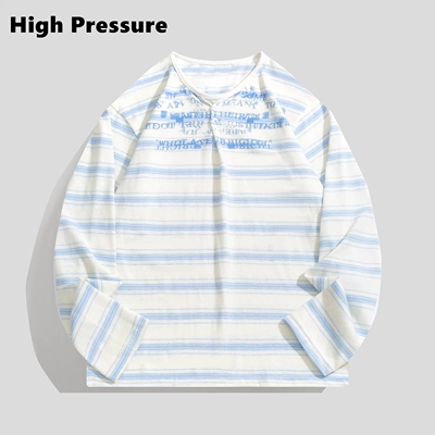 High Pressure松弛感蓝白条纹错扣长袖T恤男度假风宽松上衣