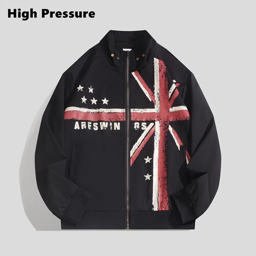 High Pressure美式复古立领夹克男女款宽松型旗帜印花拉链外套