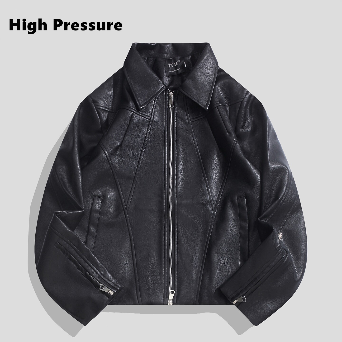 High Pressure黑色皮衣复古压褶机车服休闲秋季cleanfit短款夹克