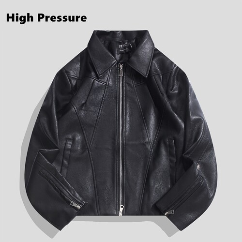 High Pressure黑色皮衣复古压褶机车服休闲秋季cleanfit短款夹克