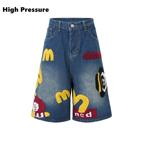 High Pressure趣味麦当当卡通毛巾绣牛仔短裤男女阔腿五分裤子