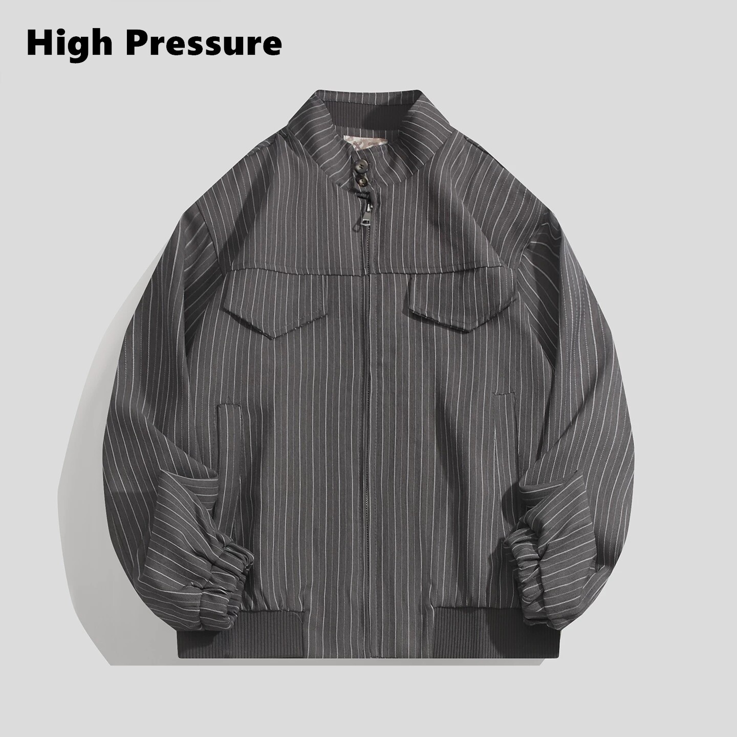 High Pressure复古竖条纹立领夹克老钱风哈灵顿百搭休闲阔感外套