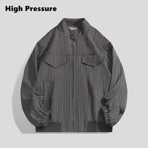 High Pressure复古竖条纹立领夹克老钱风哈灵顿百搭休闲阔感外套