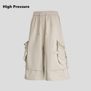 High Pressure褶皱大口袋阔腿工装短裤宽松夏廓形水洗直筒七分裤