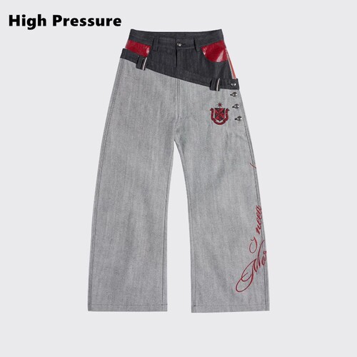 High Pressure美式复古红边赤耳双腰头拼接牛仔裤街头阔腿长裤