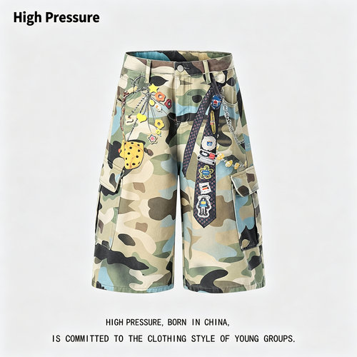 High Pressure美式复古迷彩印花休闲裤男宽松街头直筒阔腿七分裤
