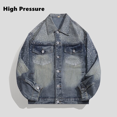 High Pressure美式复古cleanfit满天星烫钻牛仔夹克水洗做旧外套