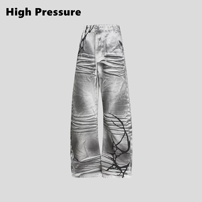 High Pressure美式荆棘印花水洗磨破牛仔裤渐变设计微喇直筒长裤