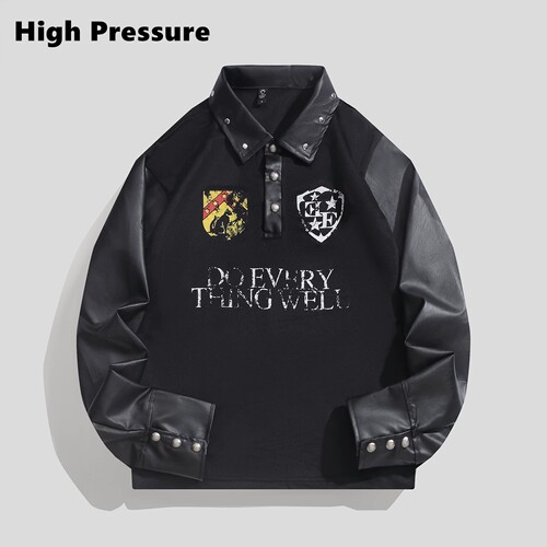 High Pressure美式复古徽章字母印花拼接卫衣秋季宽松酷飒风上衣