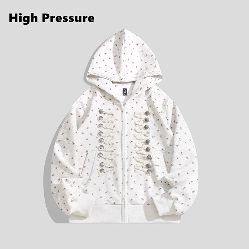High Pressure美式绳索纽扣设计感碎花满印连帽开衫卫衣男女外套