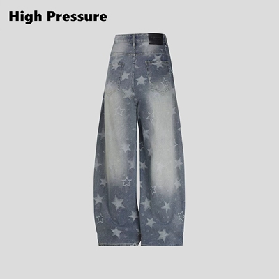 High Pressure美式复古星星印花弯刀牛仔裤秋季设计宽松阔腿长裤