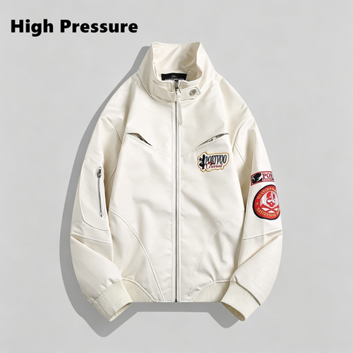 High Pressure美式徽章立领机车皮衣白色外套秋季短款夹克上衣
