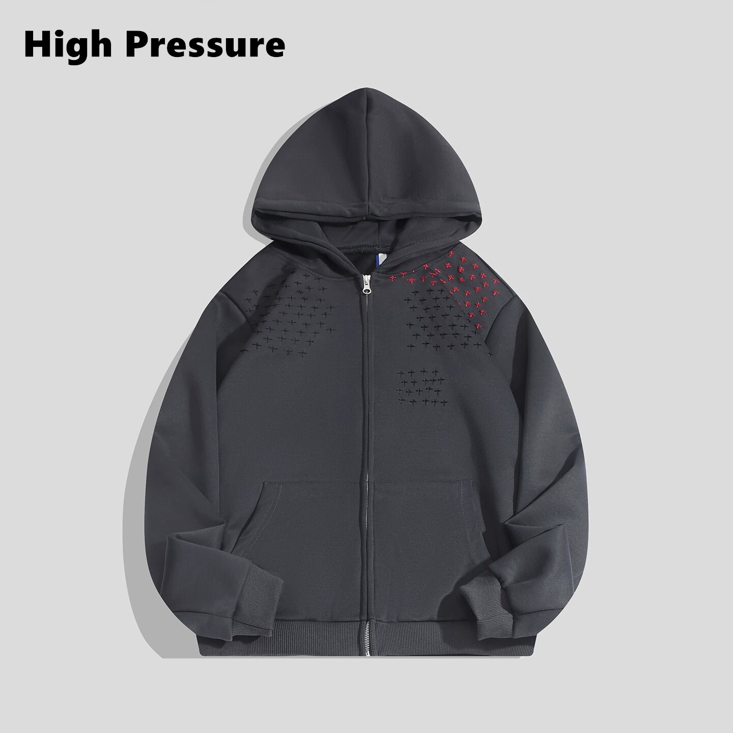 High Pressure美式水洗做旧星星刺绣连帽开衫卫衣boxy街头外套
